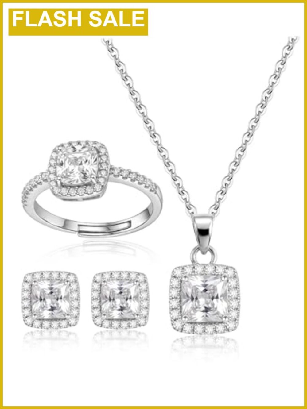 3 Piece Silver Plated CZ Jewelry Set Necklace Earrings Ring Bridal